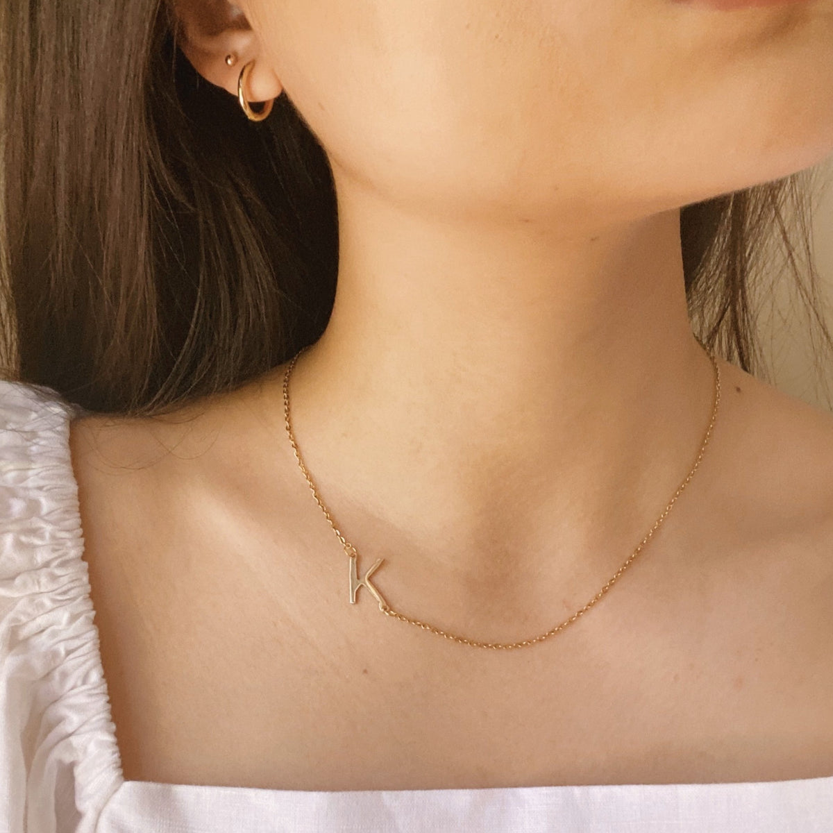 Solid Gold Sideways Single Initial Necklace (Order Your shops Initial) Stacking Initial Necklace in 10K, 14K or 18K Gold, Silver, 14K Goldfilled