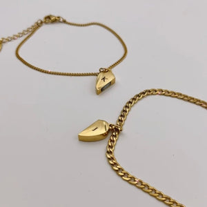 Lazer Engraved Couple Magnetic Heart Gold Filled Curb Bracelets