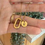 Load image into Gallery viewer, Lazer Engraved 10MM disc with Oval Ring Keeper Necklace in Gold Filled
