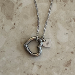 Load image into Gallery viewer, LIMITED VDAY Lazer Engraved heart with heart Ring Keeper Necklace in White Gold Filled
