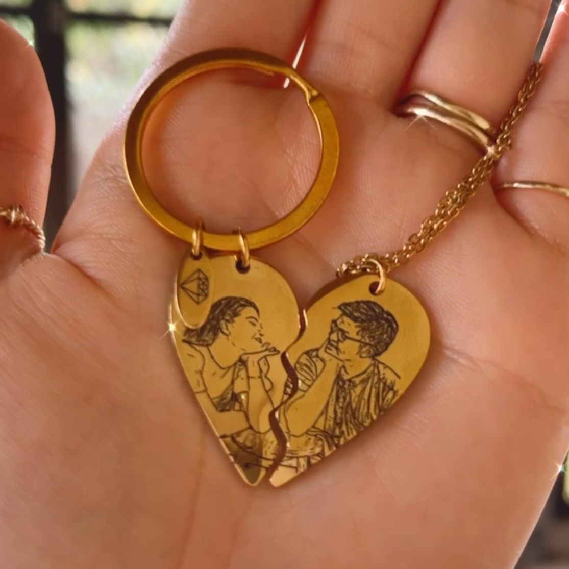 Lazer Engraved Piece of My Heart Necklace / Keychain - LINE ART