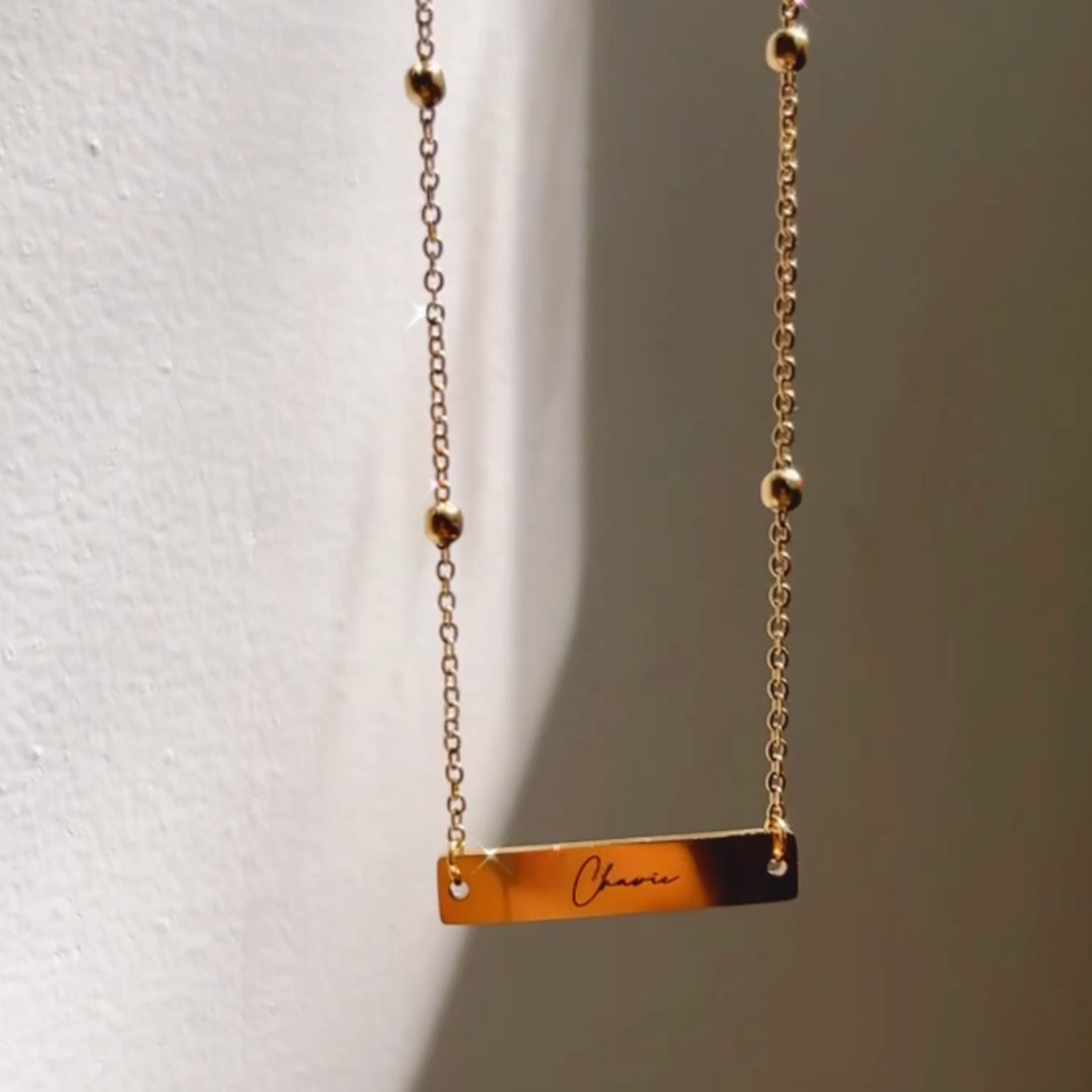 Lazer Engraved Horizontal Bar Beaded Chain Necklace