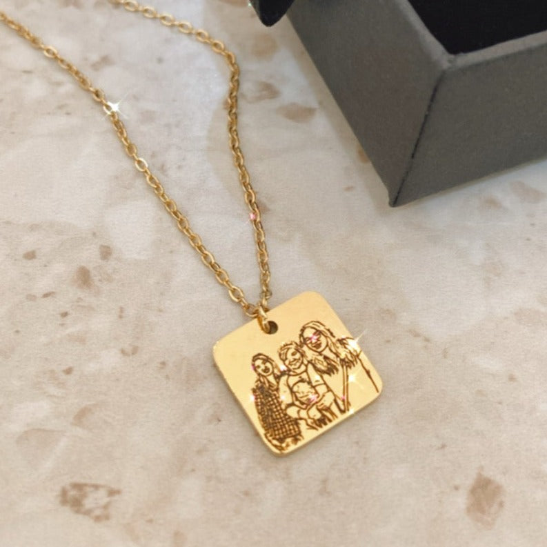 Lazer Engraved Single Sided 15MM Square Necklace - LINE ART