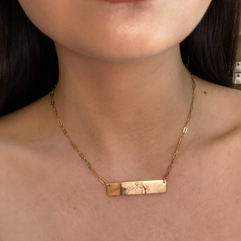 Lazer Engraved Thick Bar Necklace with Skinny Paperlink Chain