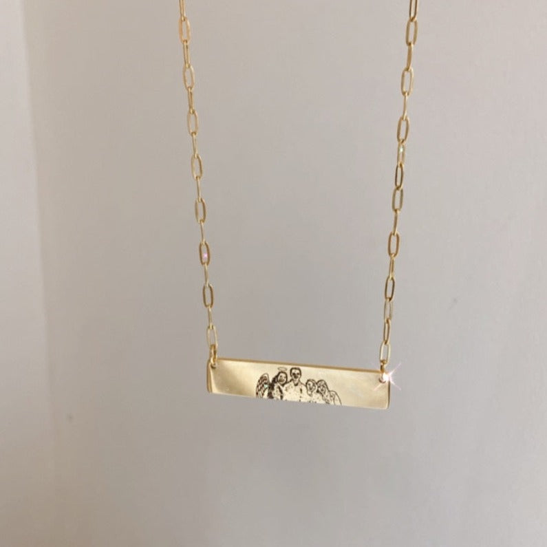 Lazer Engraved Thick Bar Necklace with Skinny Paperlink Chain